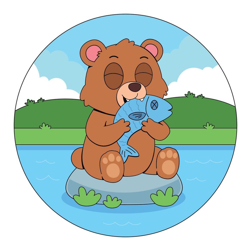 A cartoon bear sitting on a rock with a fish vector