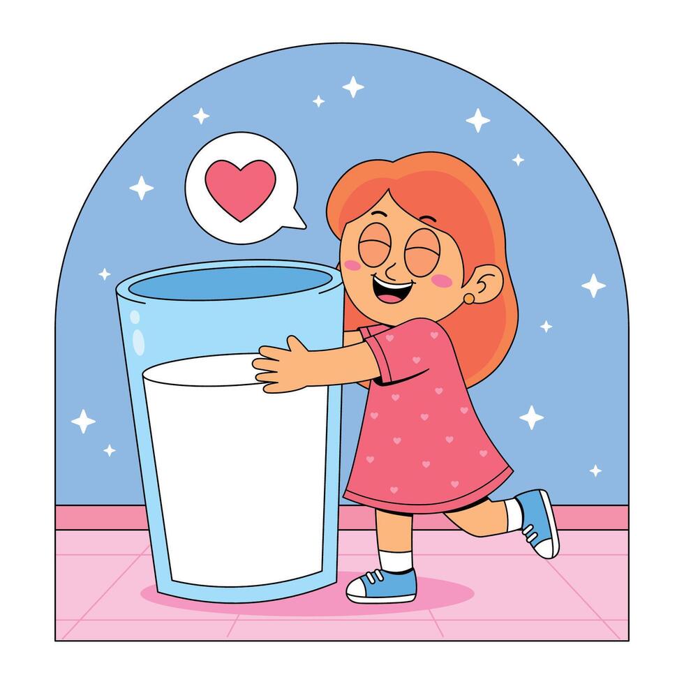 Cartoon girl hugging a glass of milk vector