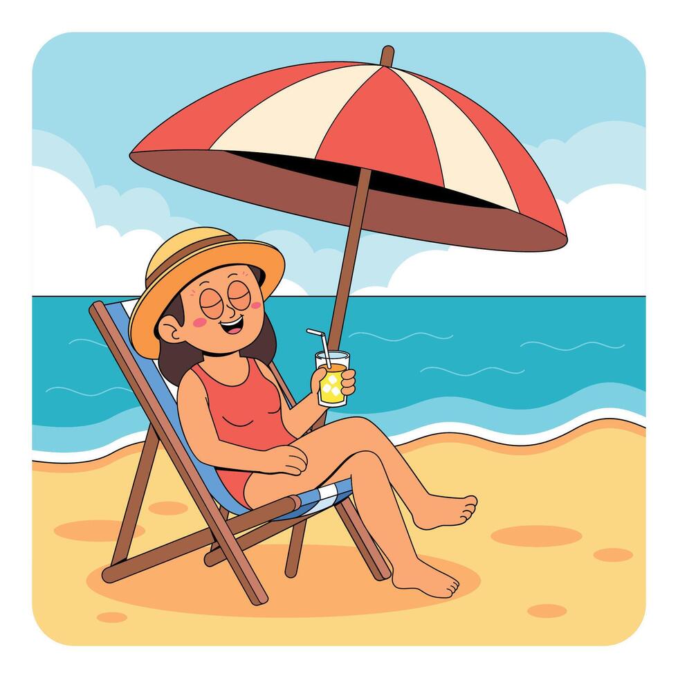 A cartoon woman sitting in a chair with an umbrella vector