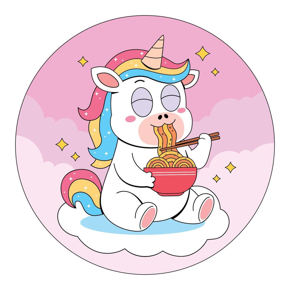 A cartoon unicorn eating noodles with chopsticks vector