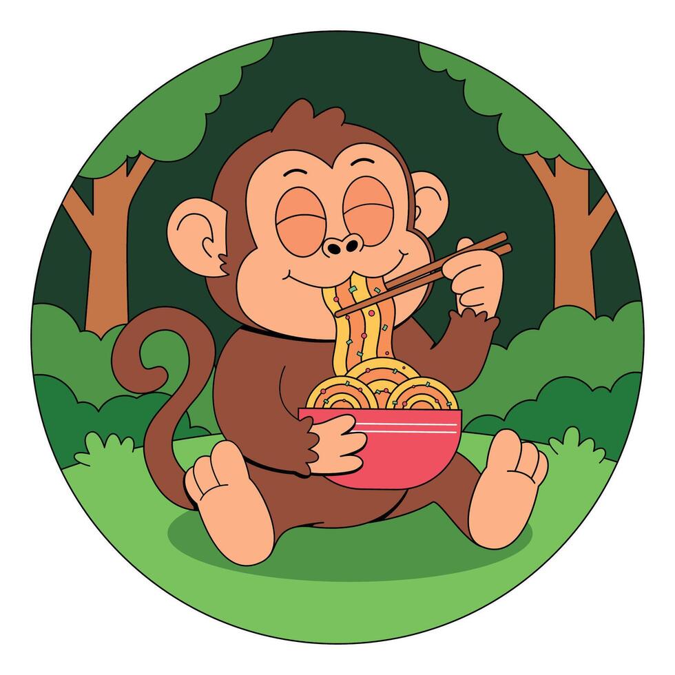 Monkey eating noodles vector