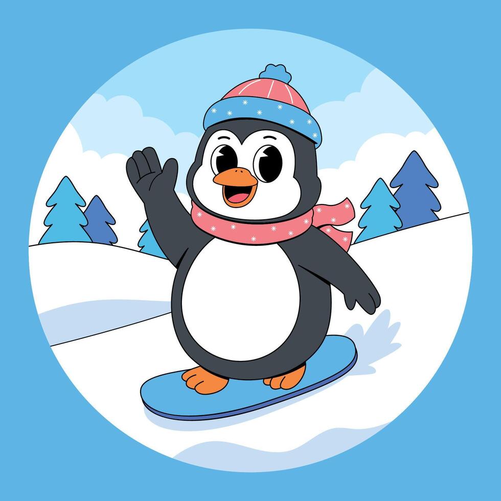 A penguin is riding a snowboard in the snow vector