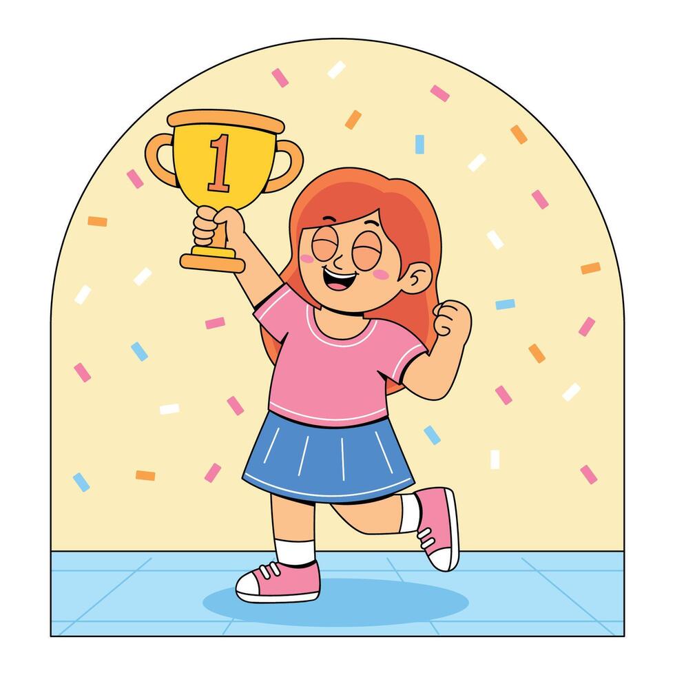 A girl holding up a trophy with confetti vector
