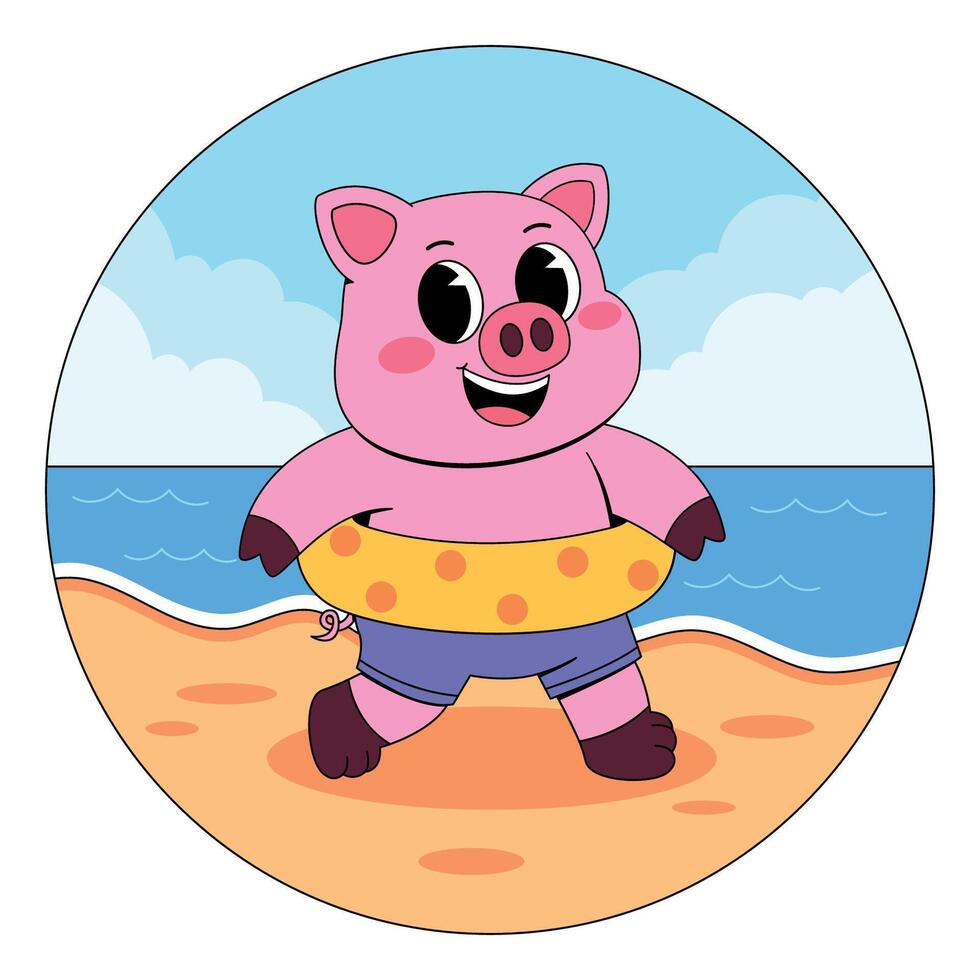 A cartoon pig on the beach with an inflatable ring vector