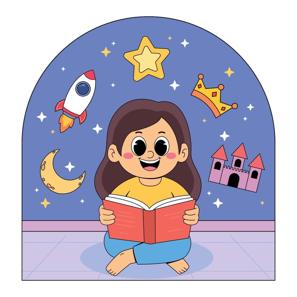 A girl reading a book in front of a starry night background vector