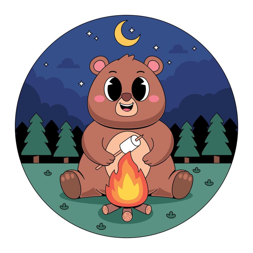 A cartoon bear sitting by a campfire with a moon in the background vector