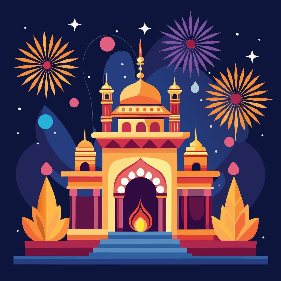 illustration a temple with fireworks. vector