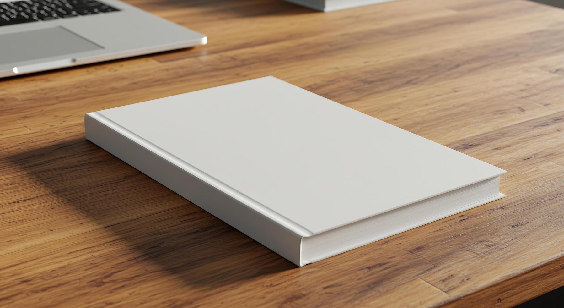 A white book on a wooden table next to a laptop photo