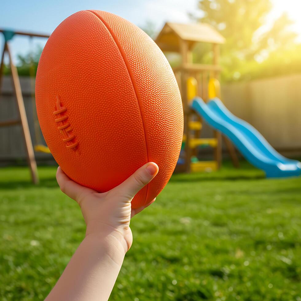 A child holding an orange football in front of a playground photo