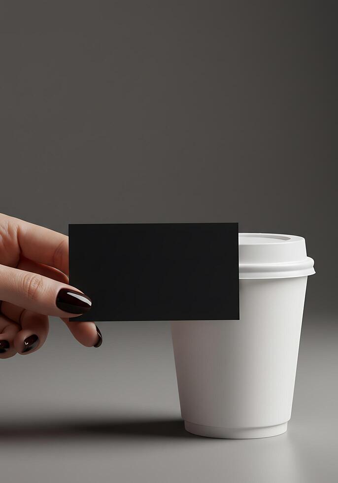 A woman's hand holding a black business card next to a cup of coffee photo
