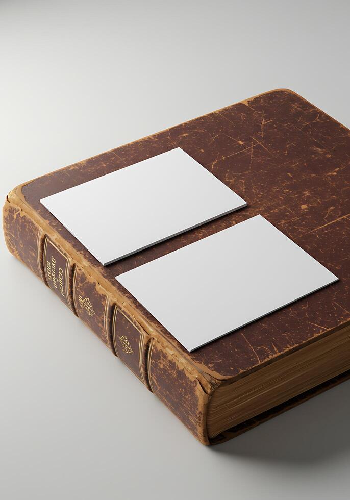 An old book with blank cards on top photo