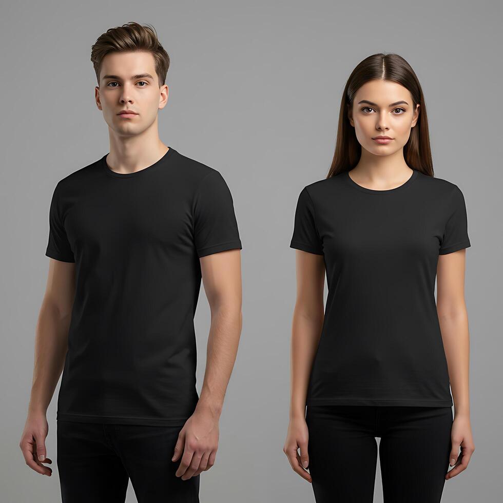 Two people wearing black t - shirts photo