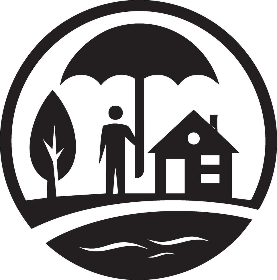 An illustration of a man holding an umbrella over a house and tree vector