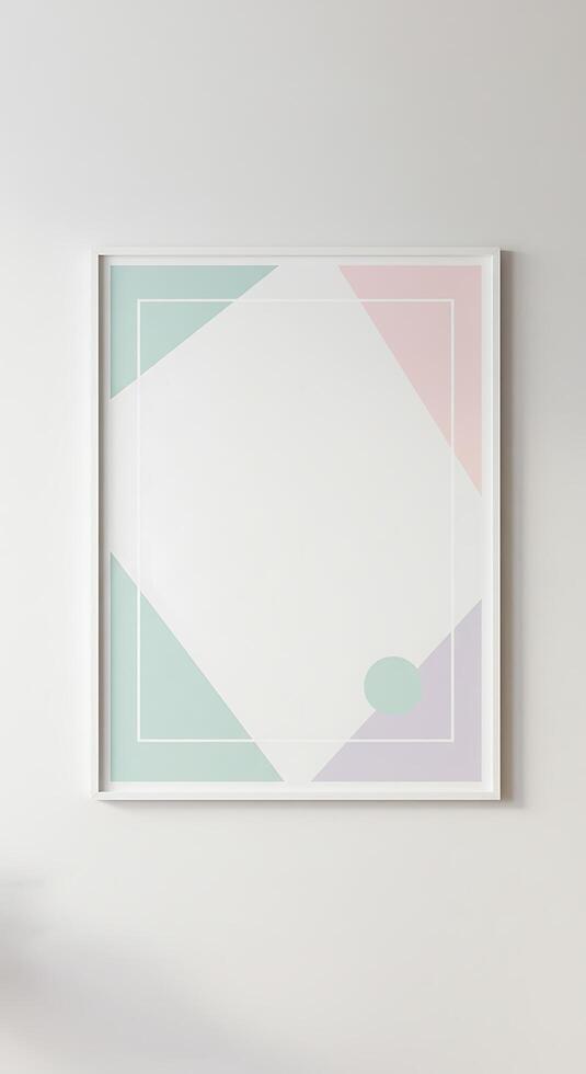 A white frame with a pink, green and blue geometric pattern photo