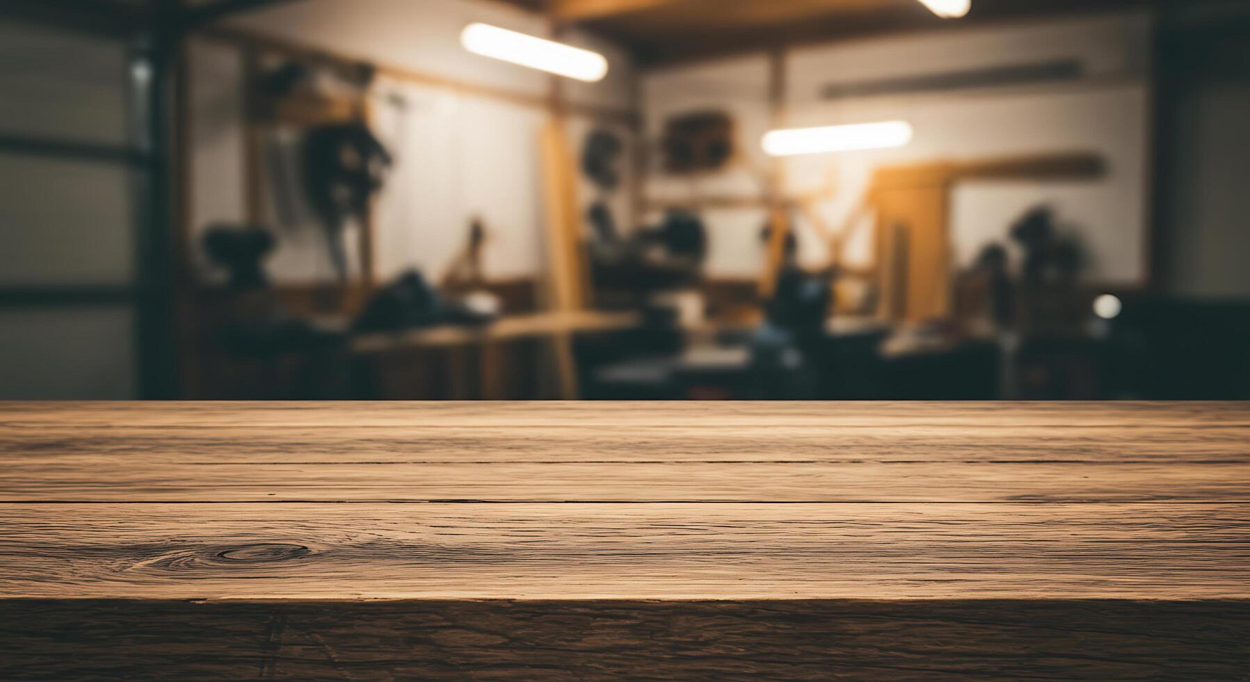 Wooden table top in a workshop with a blurry background photo