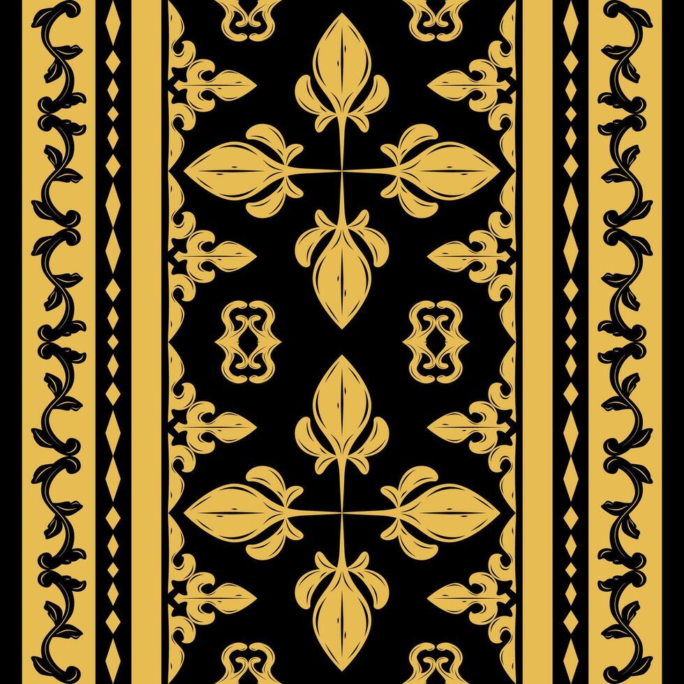 Delicate Scroll Ornament Royal Luxury Design with Gold Silk Weaves Filigree on Black Elaborate Rich Expensive Pattern. Fine Elegance Baroque for Bed Sheet Design Texture Lace Embroidery Opulence Motif vector