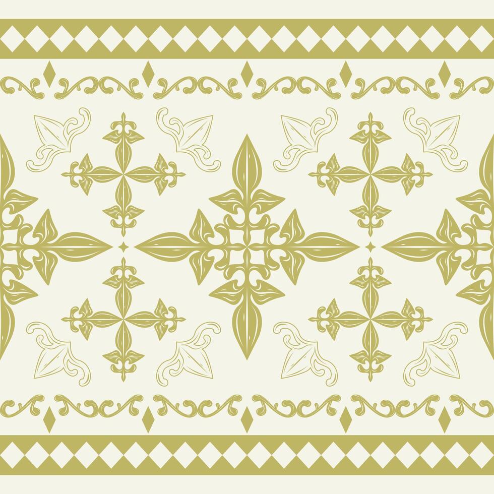 Elegance Chinoiseries Scroll Ornament Striped Abstract Cross Florals Element Embroidery in Golden Silk Weaves Filigree on Light Beige Background. Elaborate Luxury Decoration Hand Drawn Textiles Mosaic vector