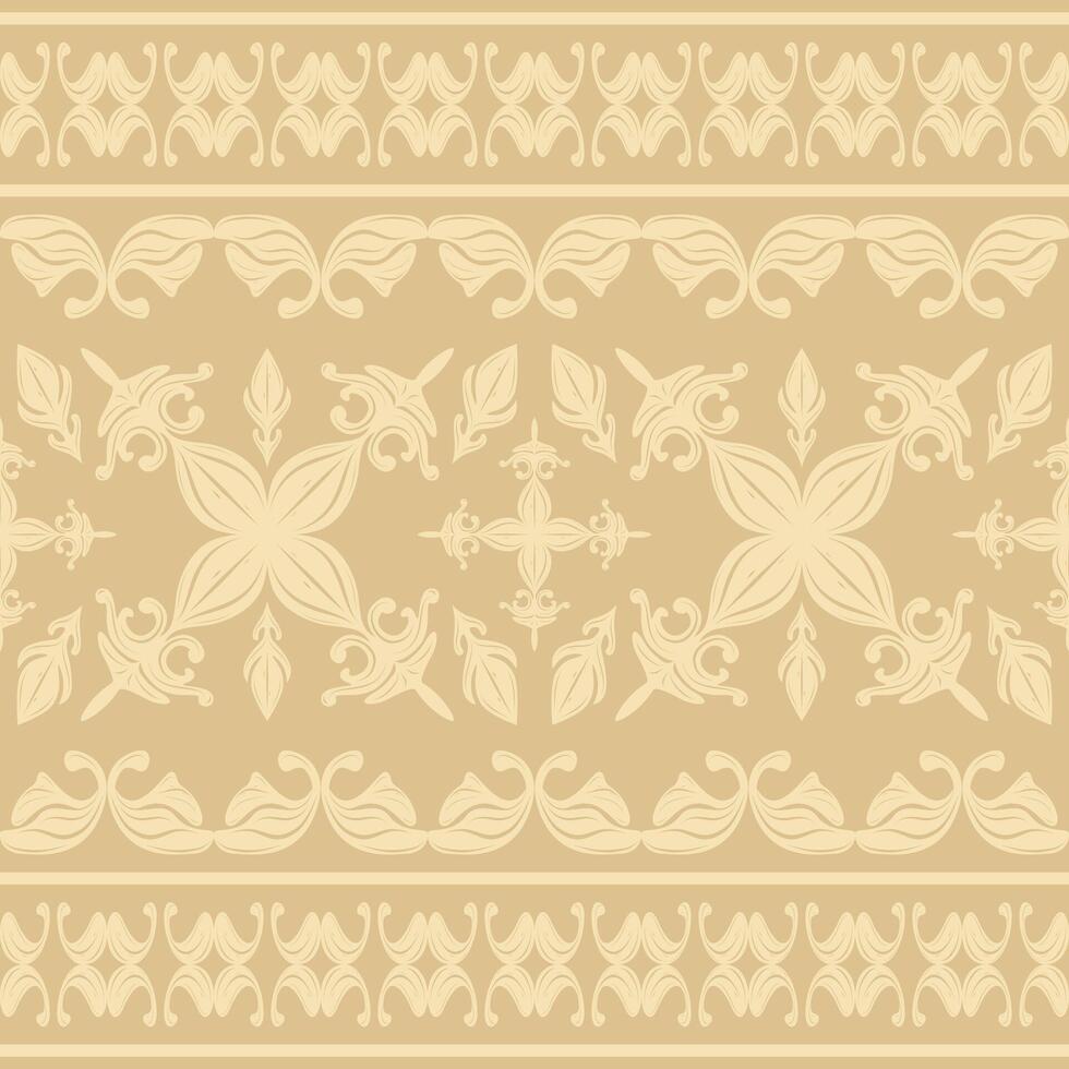 Traditional Fleur de lis Motif Abstract Cross Ornament Nature Inspired Florals Leaves Petals Seamless Border Pattern Golden Brown Tone for Embroidery Silk Weaves Handicraft Drawn Carpet Batik Lace Rug vector