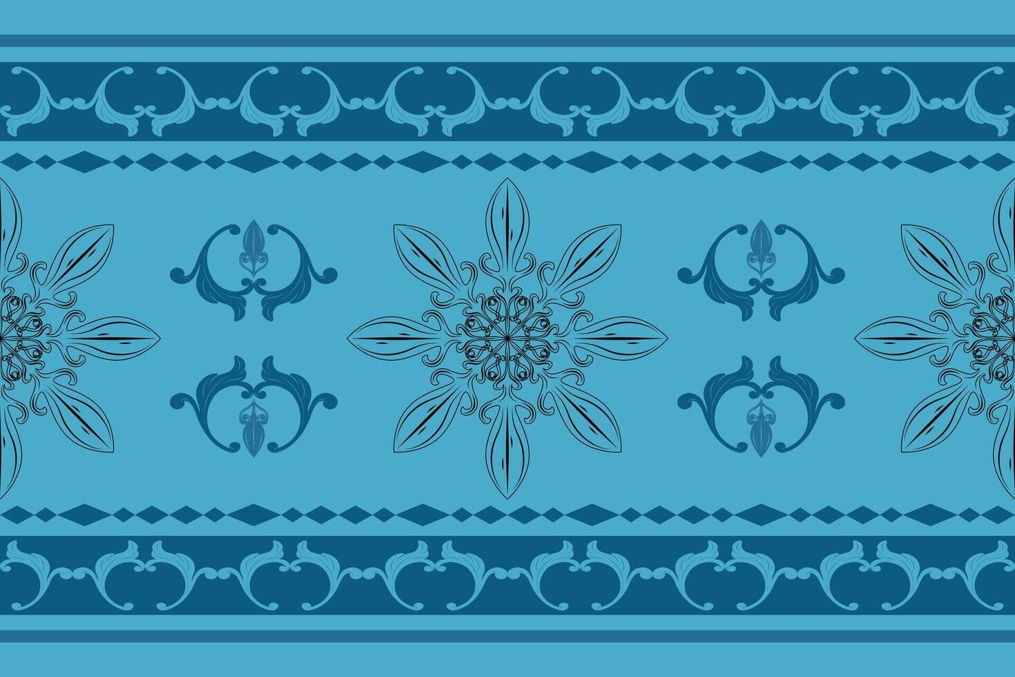 Exquisite Classy Twist Renaissance Mandala Cool Blue Design Elegance Exotic Grand Pattern. Seamless Ancient Motif Floral Baroque Fleur de lis Hand Drawn For Decor Interior Lace Tiles Mosaic Embroidery vector