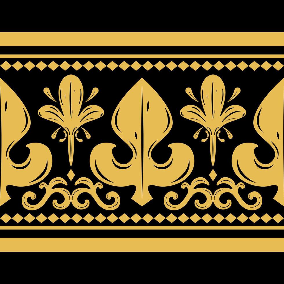Timeless Motif Doodle Baroque Geometric Scroll Ornament Pattern on Black give Mystery Mood with Royalty Gold Element Hand Drawn Elegance Style for Beautiful Rich Decoration Lace Embroidery Border Lily vector