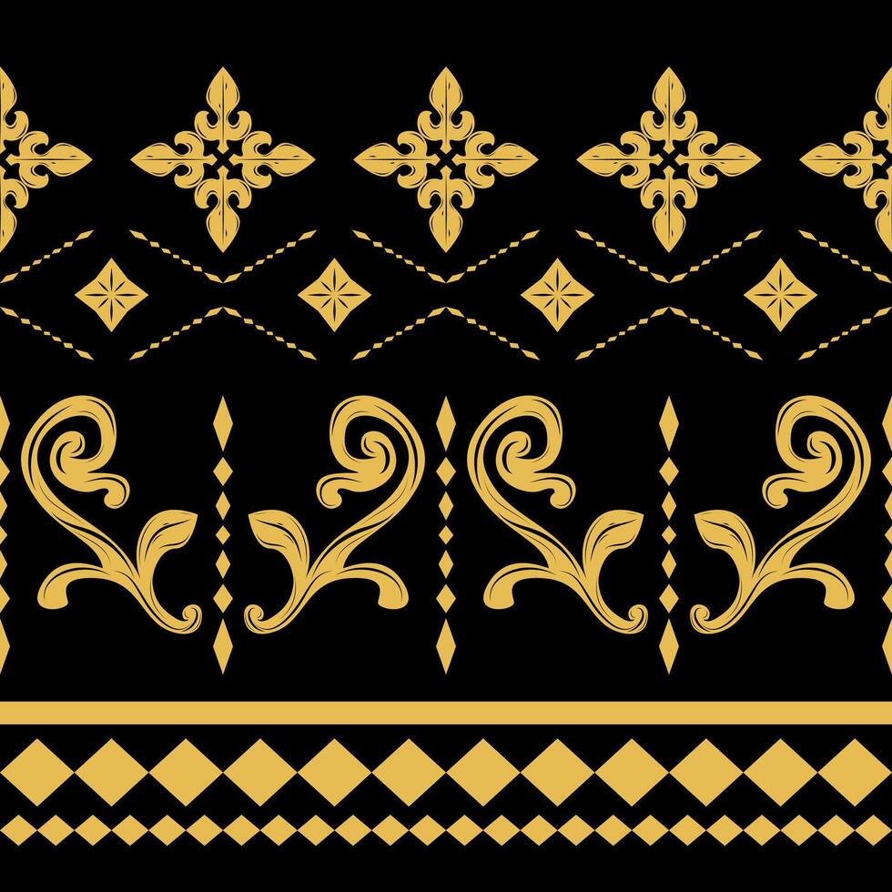 Black Theme Gold Blossom Border and Frame in Byzantine Style Geometric Combine Scroll Ornament Seamless Pattern. Ethnic Motif Luxury Design for Ceramic Tiles Mosaic Embroidery Lace Card Prints Carpet vector