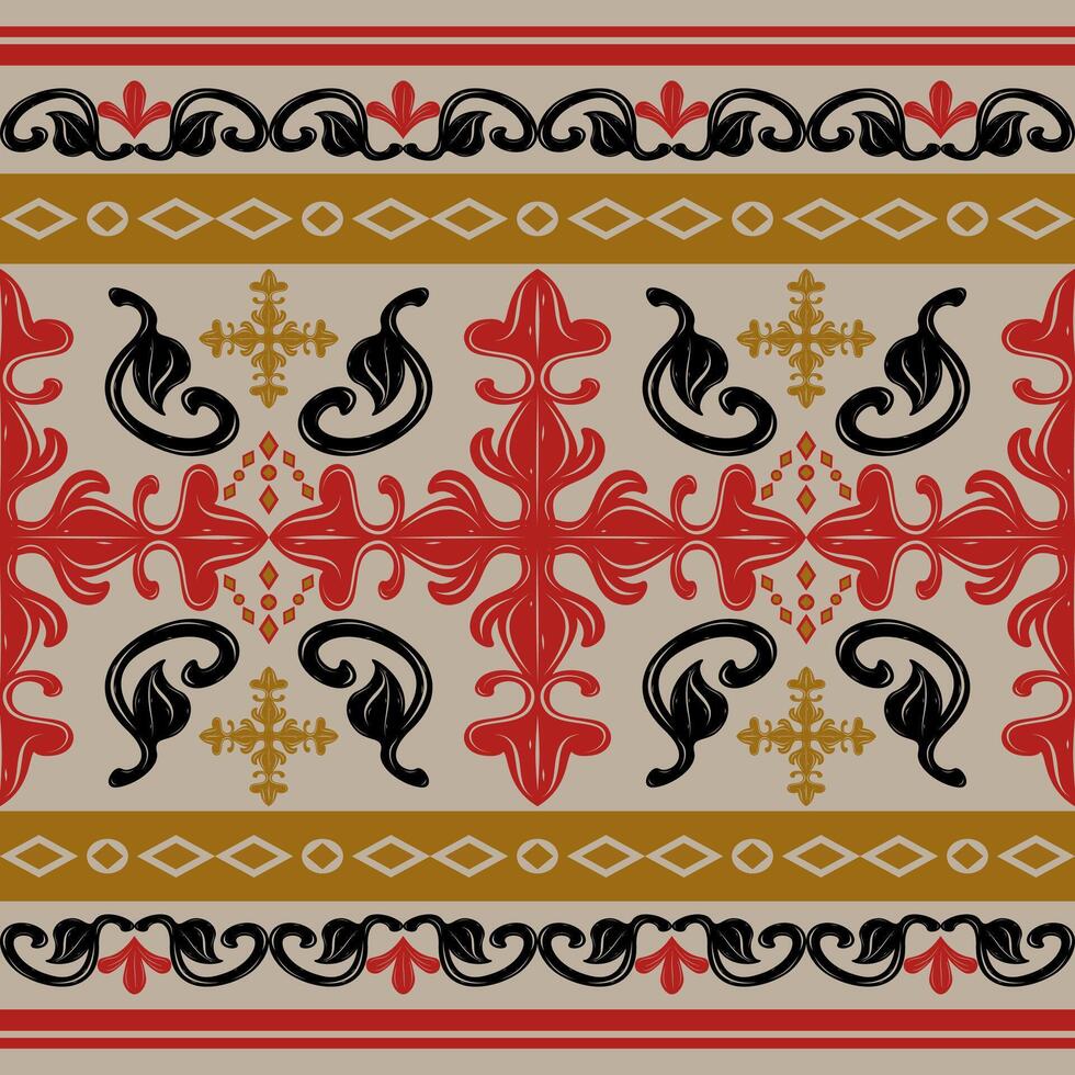 Exotic Exquisite Detailed of Baroque Esteem with Beautiful Motif Ornament Red Gold Black On Beige Tan Background. Magnificent Strong Fancy Pattern Design for Handicraft Silk Embroidery Lace Attire Rug vector