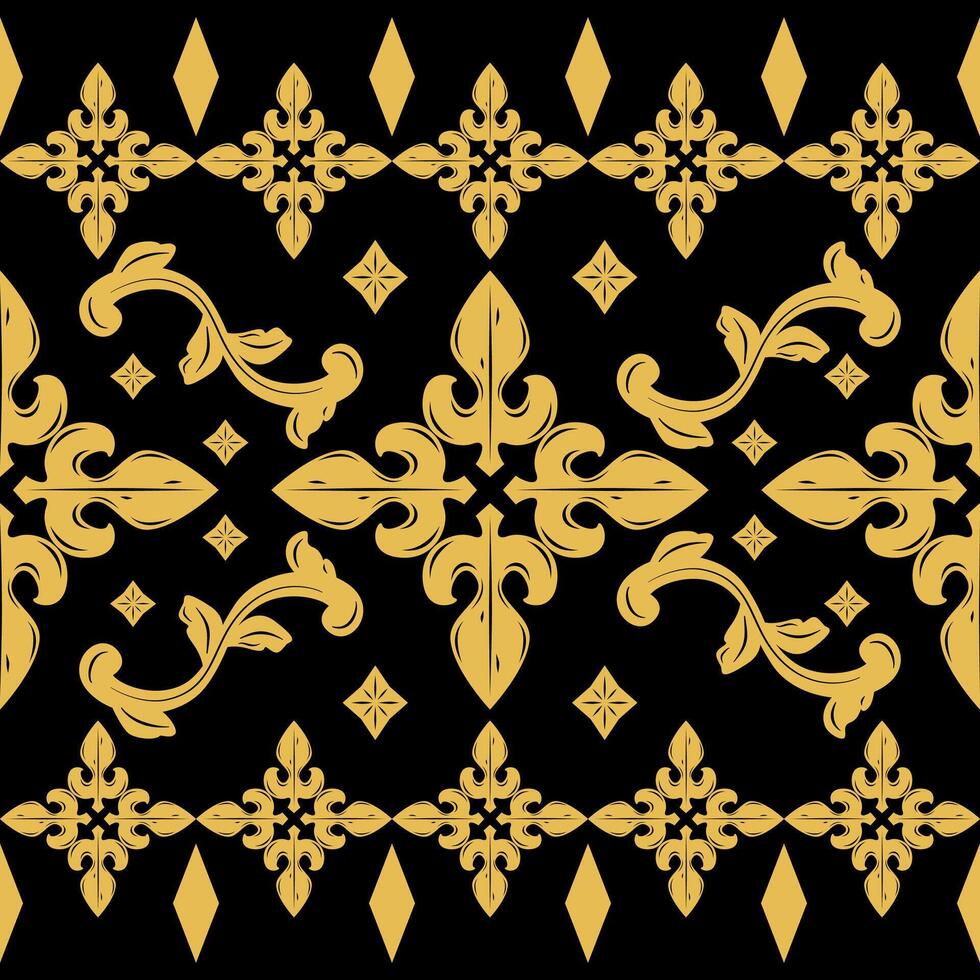 Beautiful Baroque Pattern with Gold Scroll Ornament on Black Background. Luxury Detailed Cross Florals and Wines Nature Inspired for Fabrics Decoration Lace Embroidery Carpet Curtain Attire Motif Silk vector