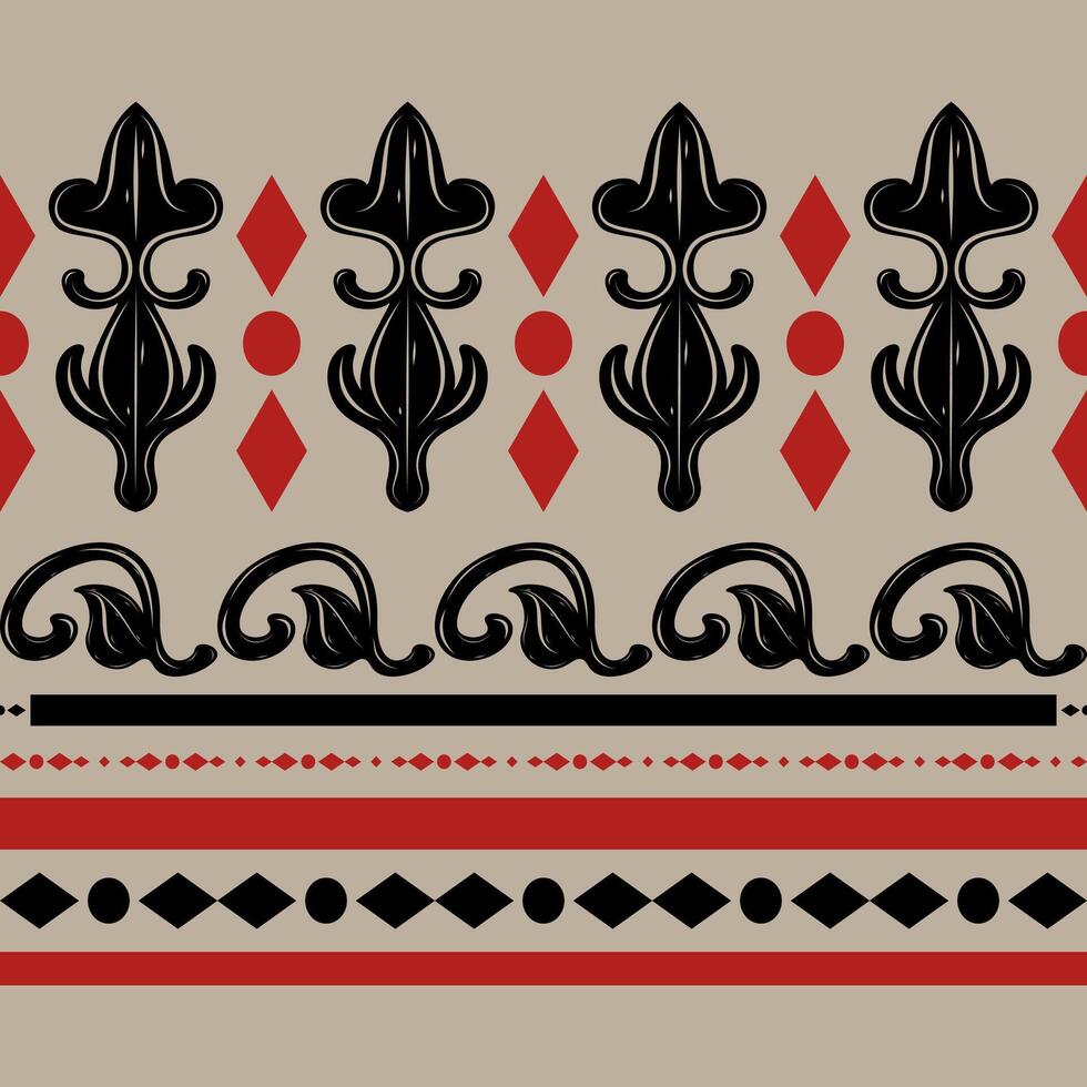 Abstract Magnificently Geometric Fleur de lis Elaborate Pattern with Delicate Modern Twist Design of Red Black Stripe Element on Beige Tan Background. All Beautiful Decoration as Tiles Handicraft Lace vector