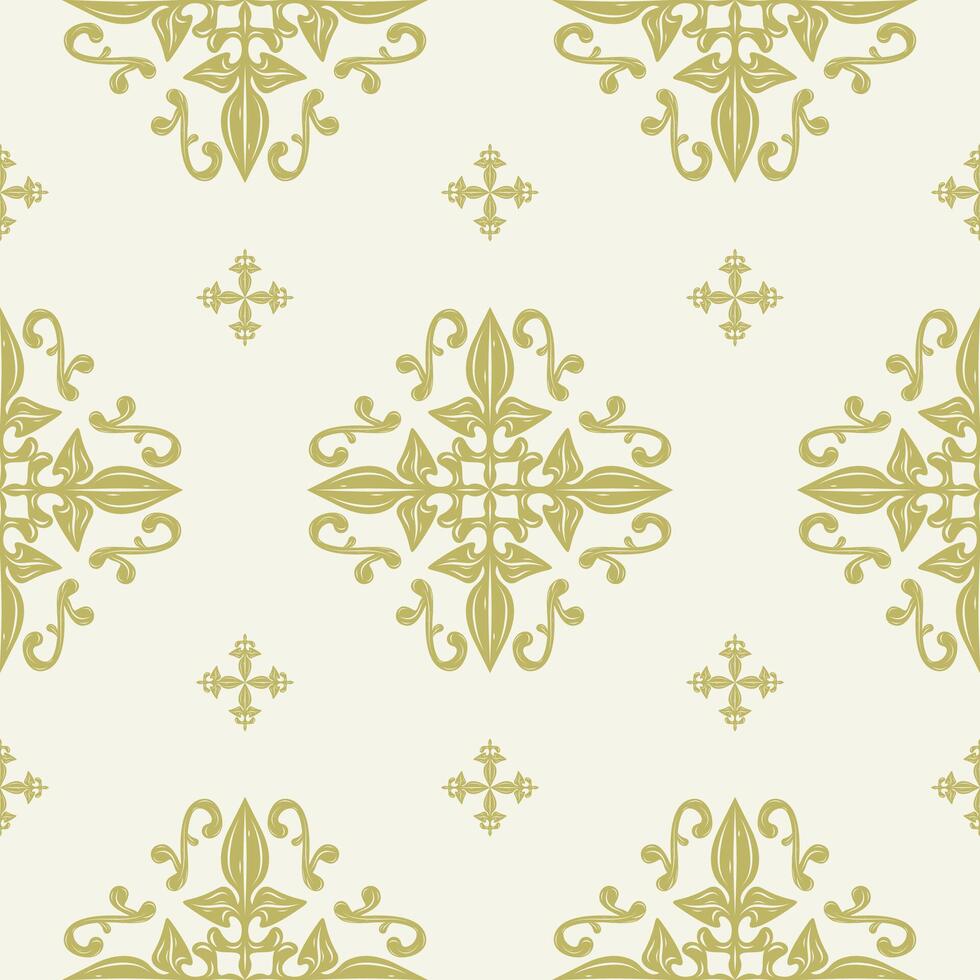 Classical Timeless Medieval Scroll Ornament Cross Abstract Florals with Gold on Beige Background. The Luxury Sense of Baroque Repeat Seamless Pattern Detailed of Damask Ikat Batik Wallpaper Carpet Rug vector