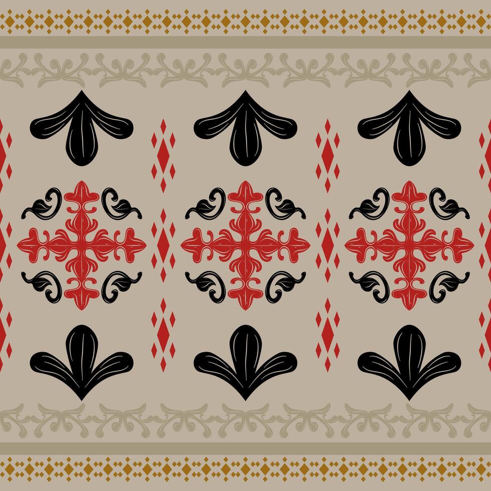 Fleur de lis Modern Medieval Design Geometric Twist Black Red Gold Ornament Pattern On Tan Background. Luxury Baroque Victorian for Royal Appearance Embroidery Interior Handicraft Wallpaper Border vector