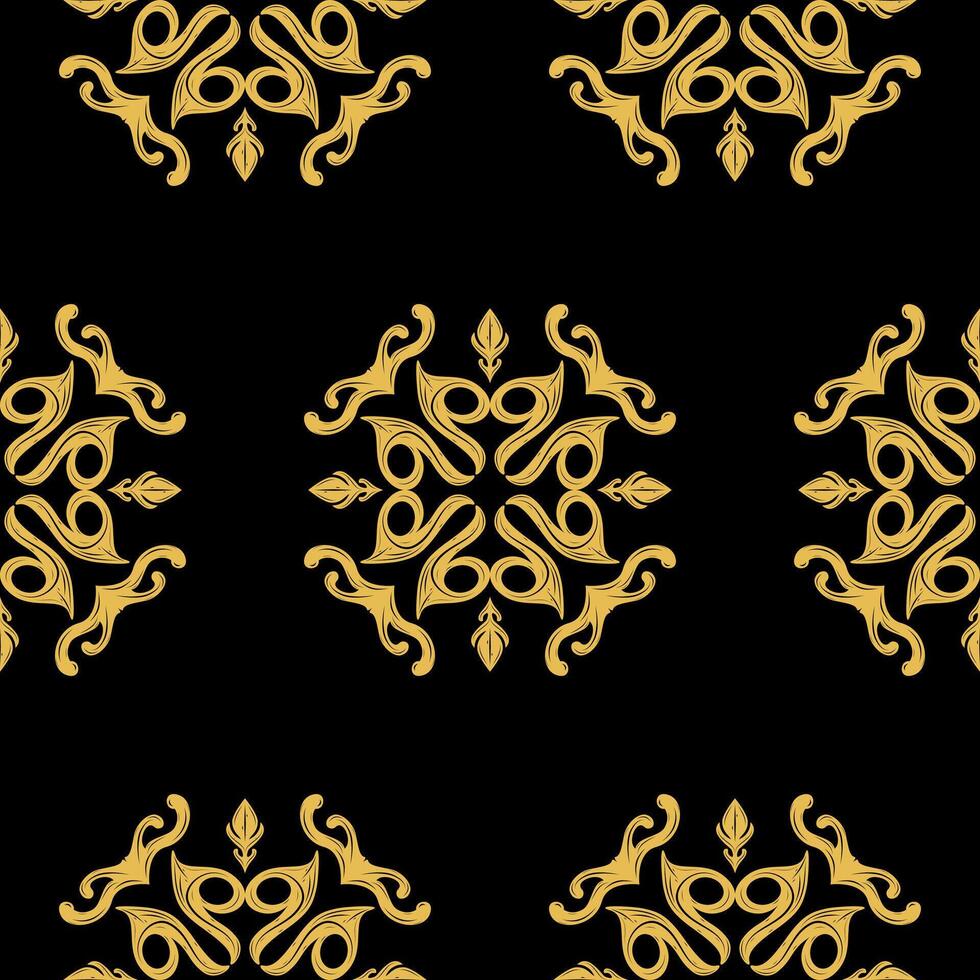 Intricate Gold Filigree on Black Elaborate Pattern. Abstract Florals Repeat with Scroll Curly Ornament Classy Timeless motif Design for All Kind of Decoration Lace Embroidery Wallpaper Silk Border vector