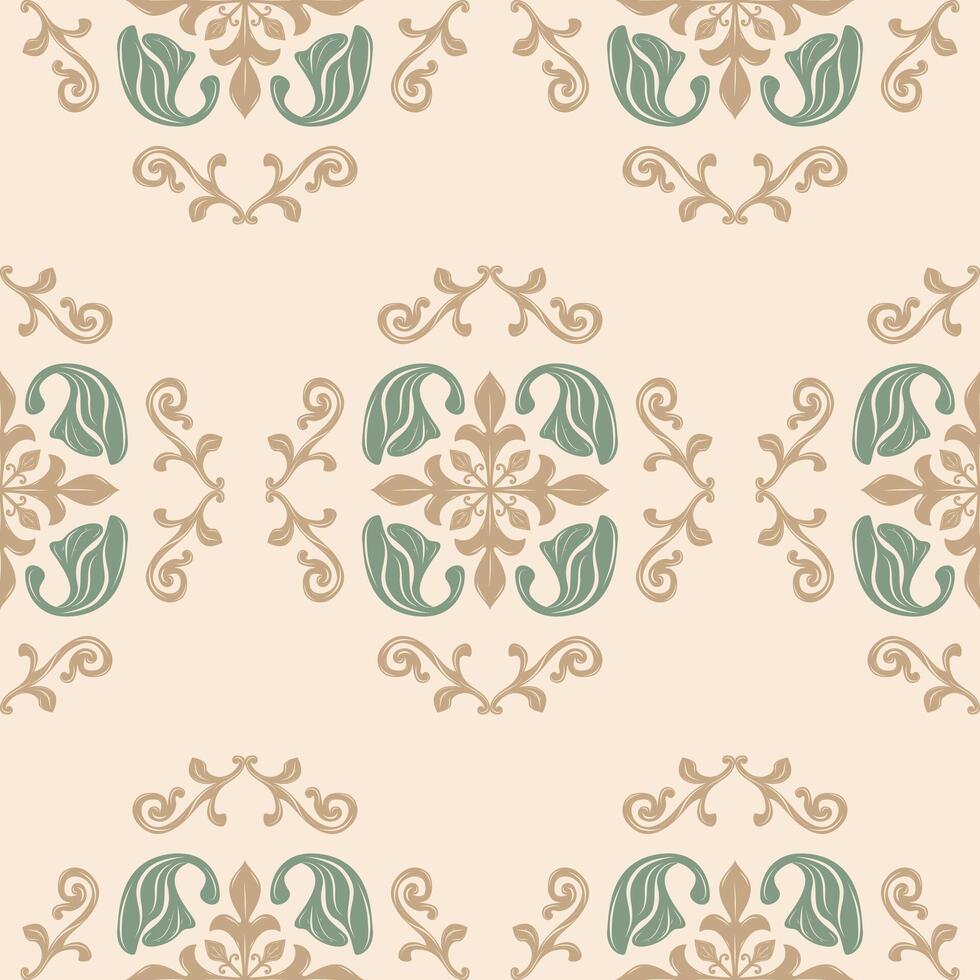 baroque seamless fabric digital pattern fairy gold and green whimsical scroll ornament on beige background. Luxury Abstract Repeat design for rich expensive style wallpaper textile tiles mosaic floor vector