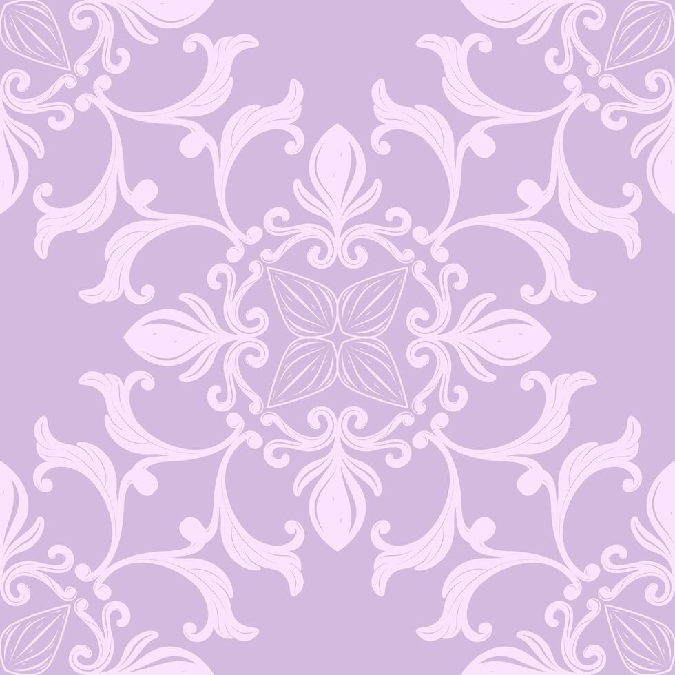 Elaborate Repeat Romantic Purple Fleur de lis Pattern on Lavender Background. Gentle Scroll Ornament Luxury Floral Decoration for Silk Weaves Wallpaper Fabric Textiles Curtain Embroidery Lace Interier vector