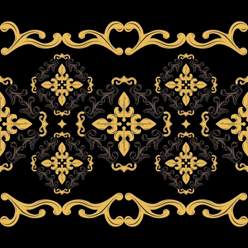 Elaborate Detailed of Gold Ornament on Black Background. Elegance Mystery Delicate Pattern Luxury for Opulence Gothic Baroque Design for Wallpaper Backdrop Curtain Border Embroidery Lace Apparel Scarf vector