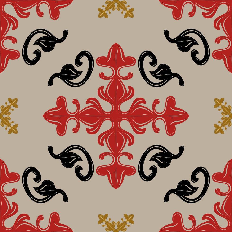 Seamless Classy Medieval Glamorous Repeat Pattern with Red Black Gold Ornament Pattern. Elaborate Flourish Luxury Canvas on Tan Beige Background for Motif Decoration Wallpaper Interior Tiles Ceramics vector