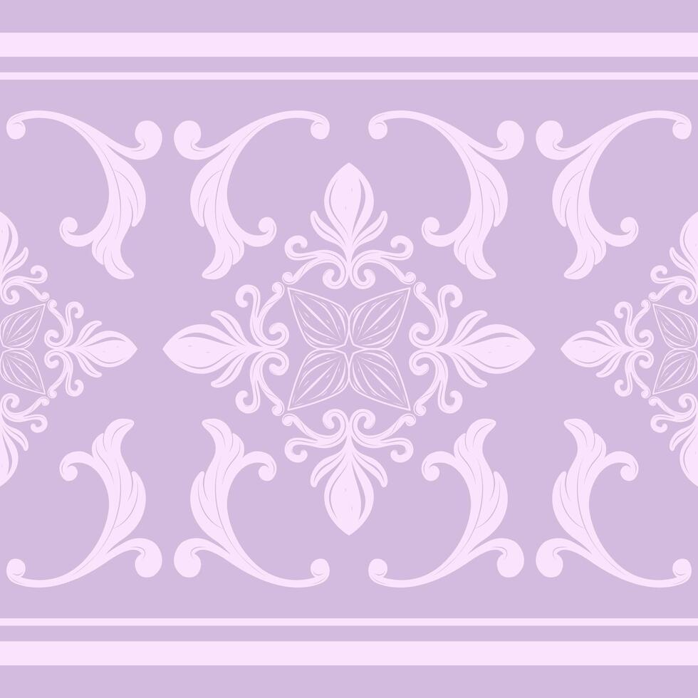 Classy Elegance Embroidery Illustration Digital Art Design with Light Purple Scroll Ornate and Round of Floral Wreath Border Pattern. Timeless Decoration Stripe Rich Wallpaper Carpet Attire Lace Scarf vector