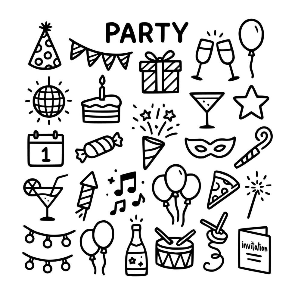 Handdrawn Party Elements Doodle Icon Set Collection vector