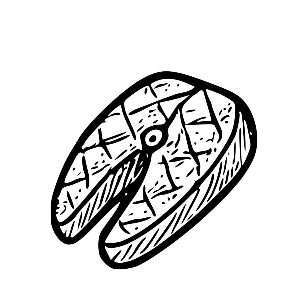 Hand Drawn Artistic Salmon Steak Slice Food Icon Illustration Design vector