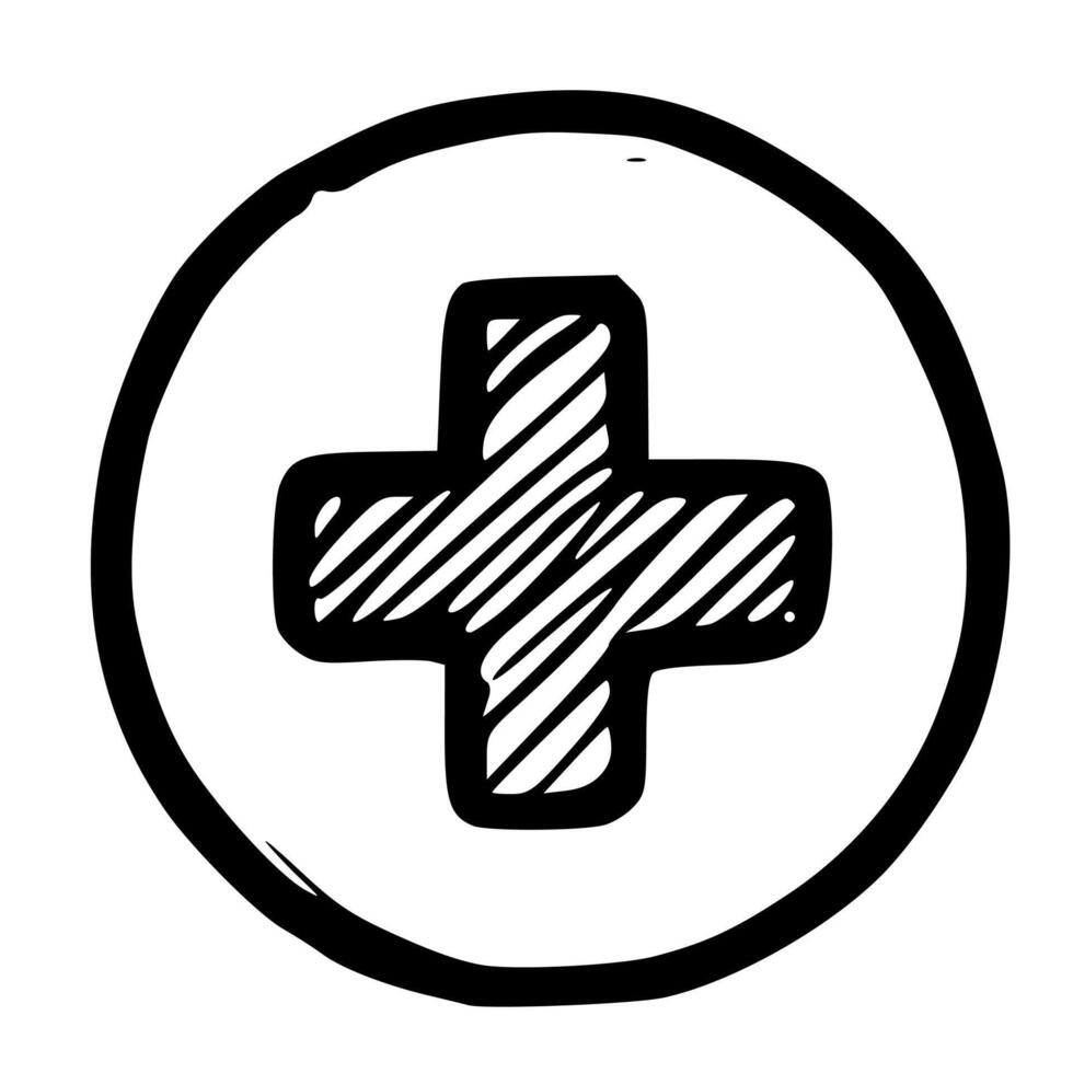 Rough Handdrawn Plus Sign in Circle Shape Medical Icon Symbol vector