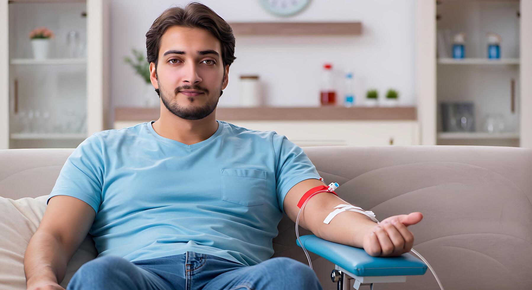 A man sitting on a couch with his arm in a blood pressure cuff photo