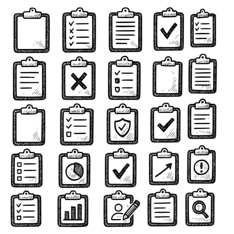 Sketchy Style Collection of Handdrawn Clipboard with Checkmark Sign Icons vector
