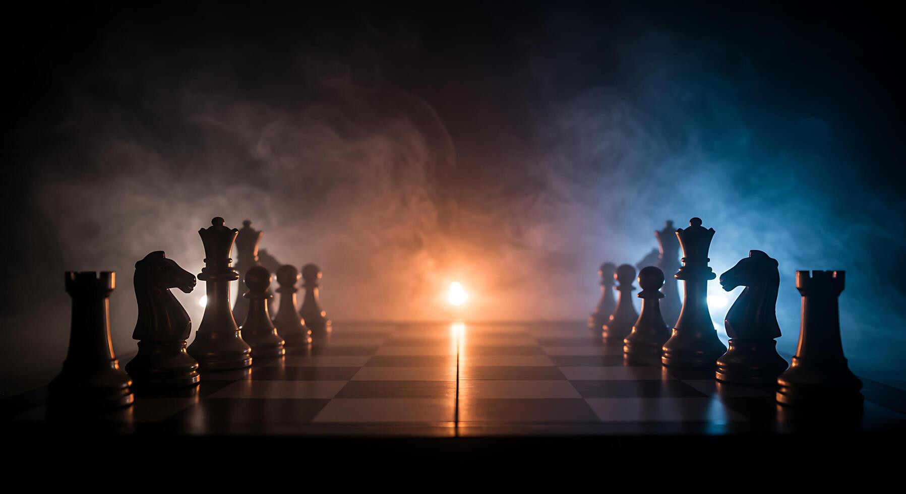 Chess pieces on a chess board with smoke coming from the board photo