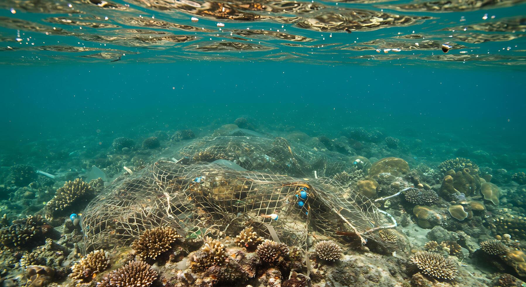 A coral reef with a net and a fish photo