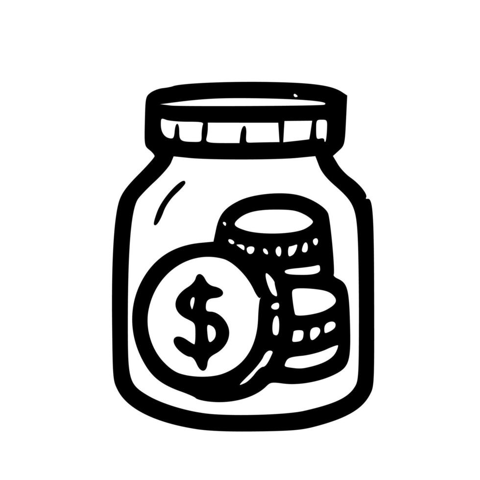 Rough Handdrawn Money Jar with Coin and Dollar Symbol Finance Icon vector