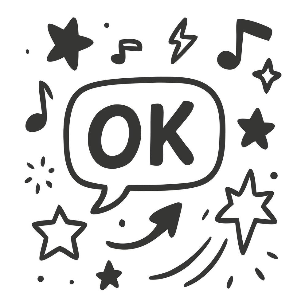 Simple Handdrawn Doodle OK Message with Arrow and Music Notes Illustration vector