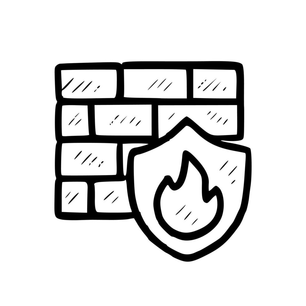 Simple Line Style Firewall Security with Shield and Fire Element Icon vector