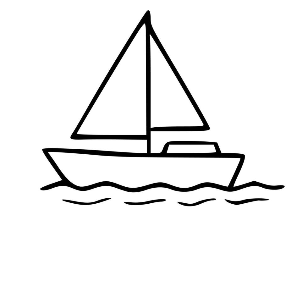 Simple Line Art Sailboat Sketch on Wavy Ocean, Nautical Illustration vector