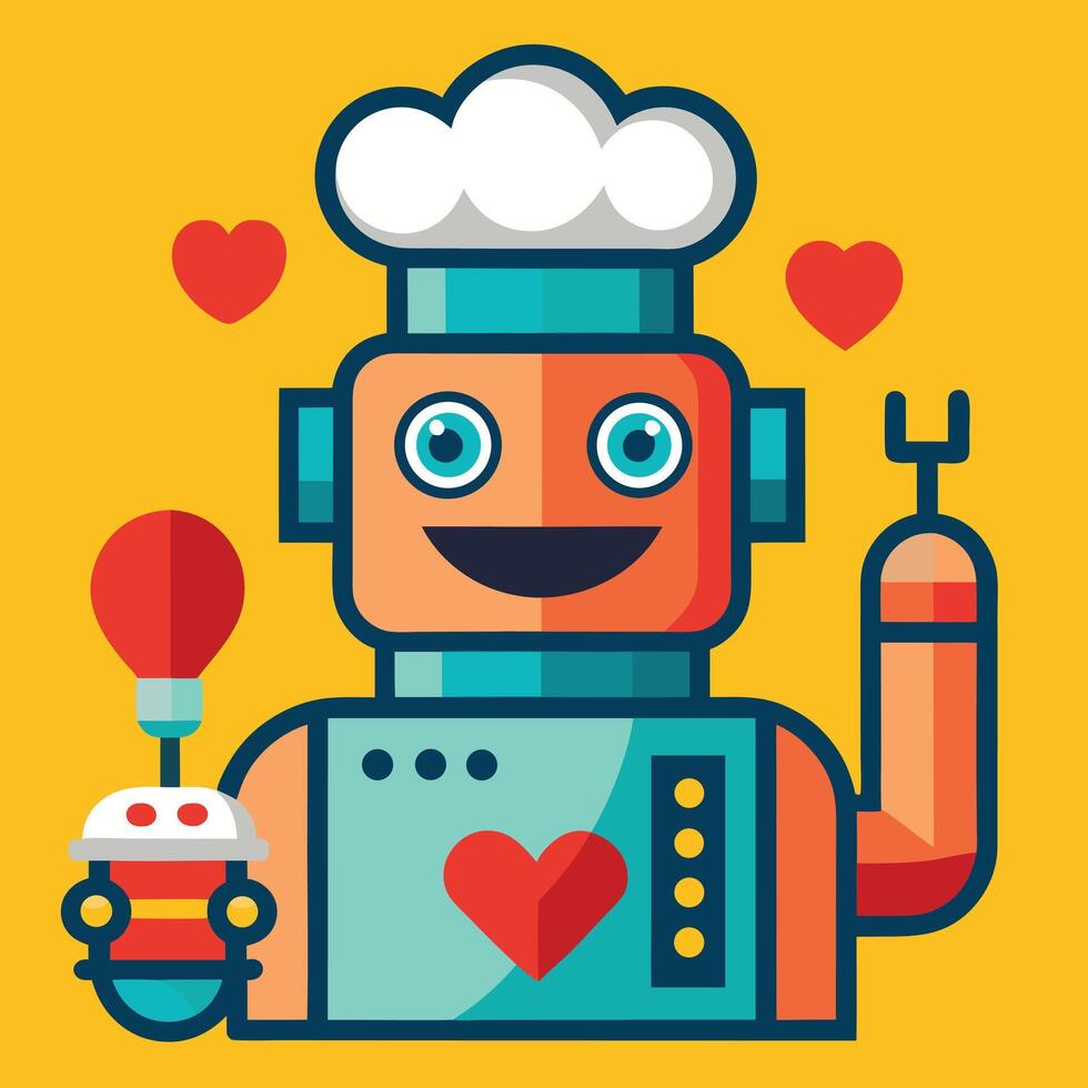 a cartoon robot with a chef hat and heart shaped balloons vector