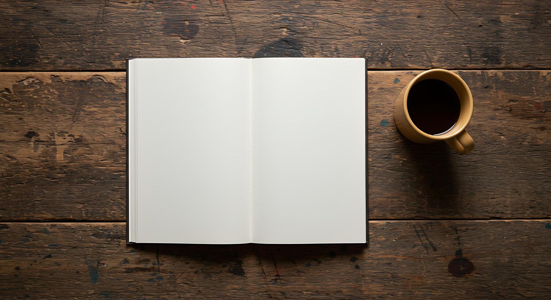 An open notebook and a cup of coffee on a wooden table photo