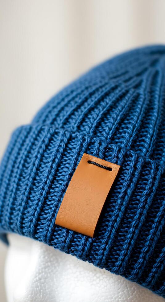 A close up of a blue knit hat with a leather patch photo